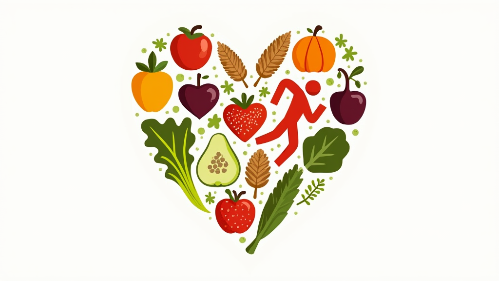 A vibrant illustration of a healthy heart surrounded by fruits, vegetables, and exercise symbols